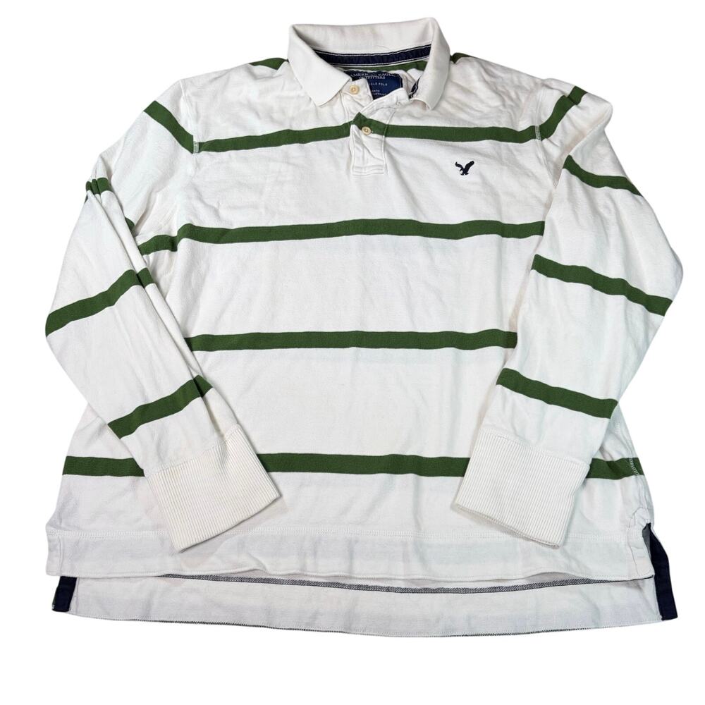 American Eagle mens white long sleeve rugby polo. Green stripes. Size XXL preppy